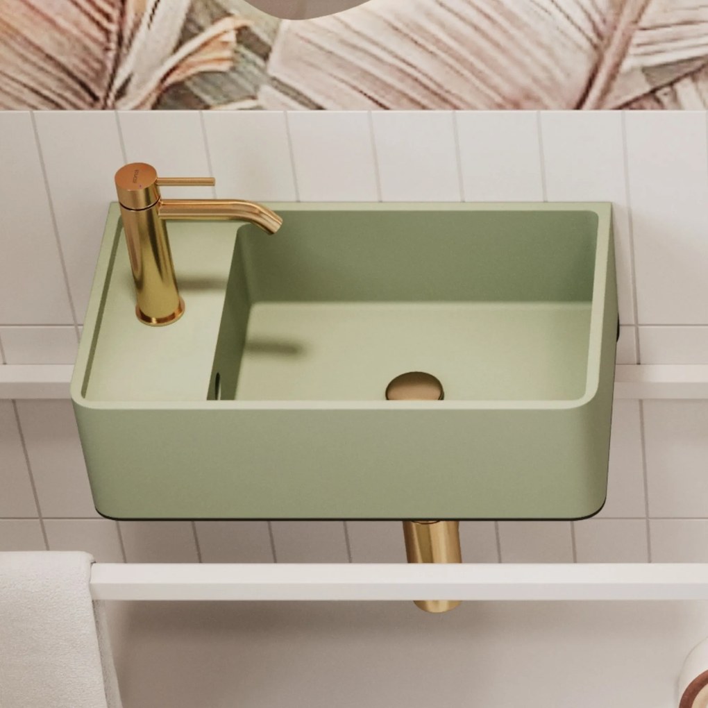 Umywalka z kamienia syntetycznego nablatowa / wisząca prostokątna zielona 43 cm x 25 cm EVELIA Green : Otwory na baterię - Tak, Typ montażu - podwieszana