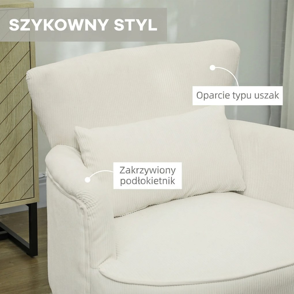 HOMCOM Nowoczesny Fotel z Podłokietnikami, Tapicerowany Akcentowy Fotel z Poduszką Lędźwiową, Nogi z Drewna Kauczukowego, Kremowy | Aosom PL