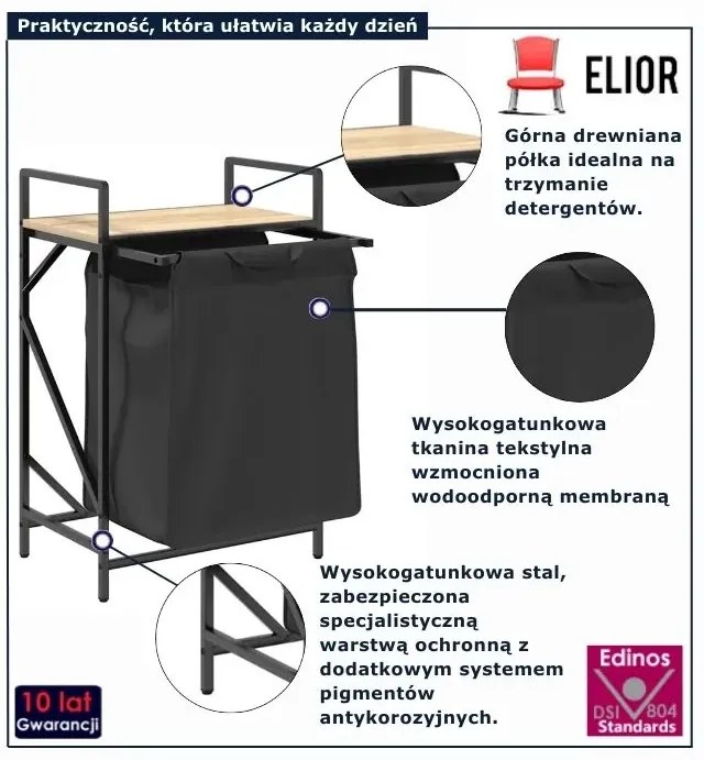 Czarny jednokomorowy kosz na pranie z półką dąb sonoma A1-N31