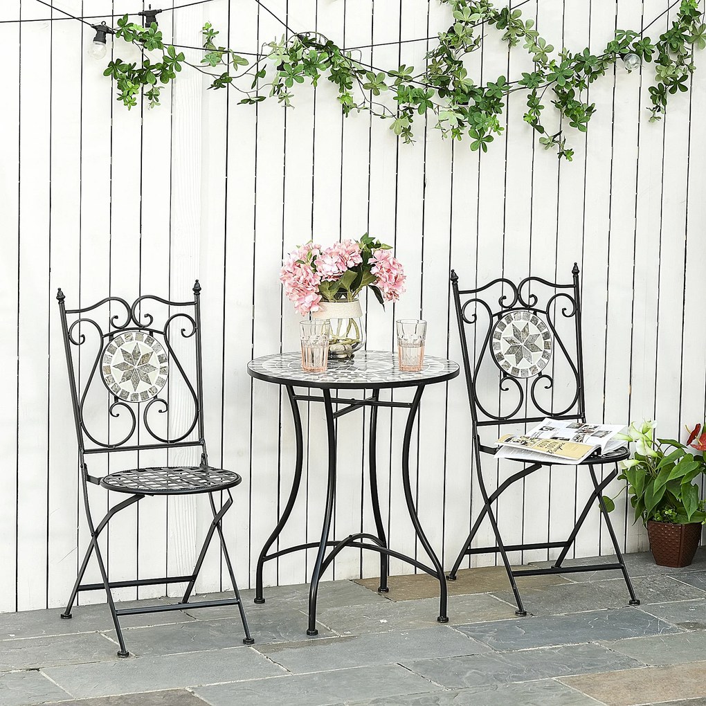 Outsunny Garten Sitzgruppe 3-teilige Mosaiktisch Essgruppe Gartenmöbel-Set 1 Tisch+2 faltbare Stühle Garten Metall Keramikfliese Mehrfarbing | Aosom.pl