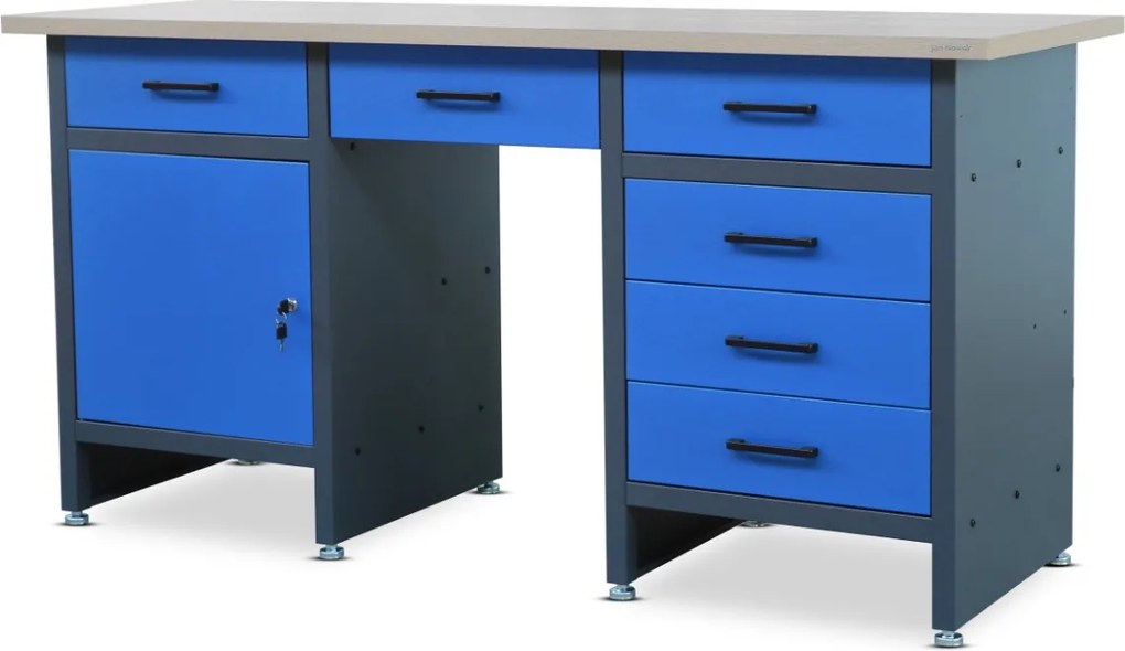 Szeroki stół warsztatowy z szafką i szufladami Frank antracytowo-niebieski
