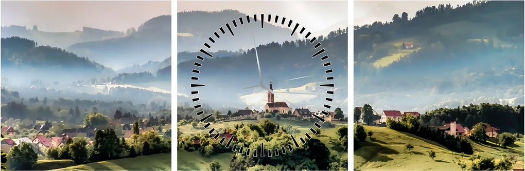 Obraz - wieś we mgle (z zegarem) (90x30 cm)