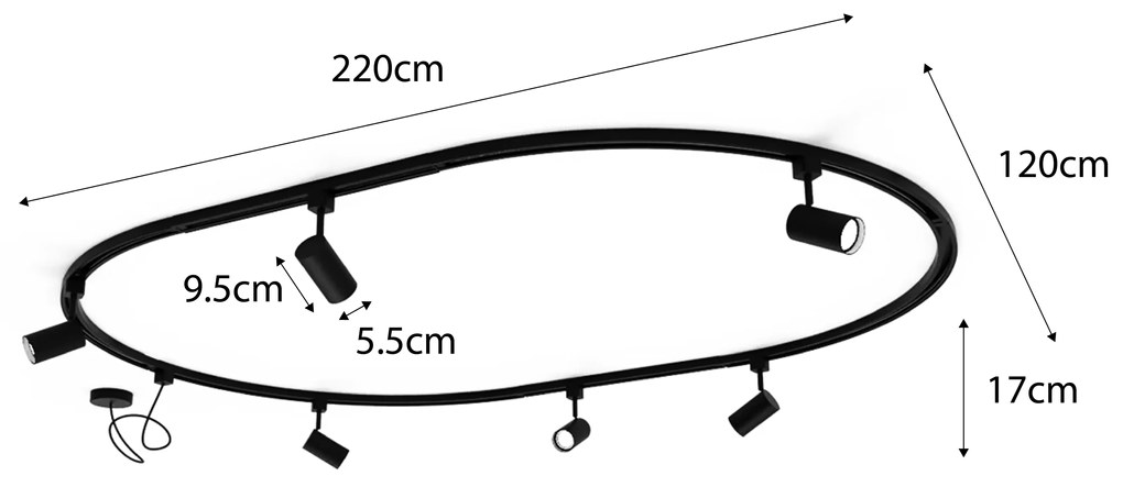 Nowoczesny system oświetlenia szynowego z 8 czarnymi reflektorami, 1-fazowy, owalny, 200 cm - Iconic Jeana Nowoczesny Oswietlenie wewnetrzne