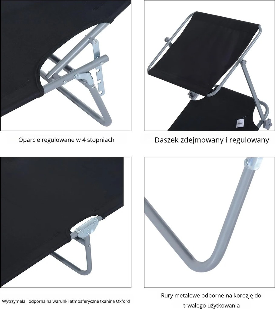 Outsunny Leżak ogrodowy składany z daszkiem przeciwsłonecznym idealny na plażę czarny 187x58x36 cm | Aosom PL