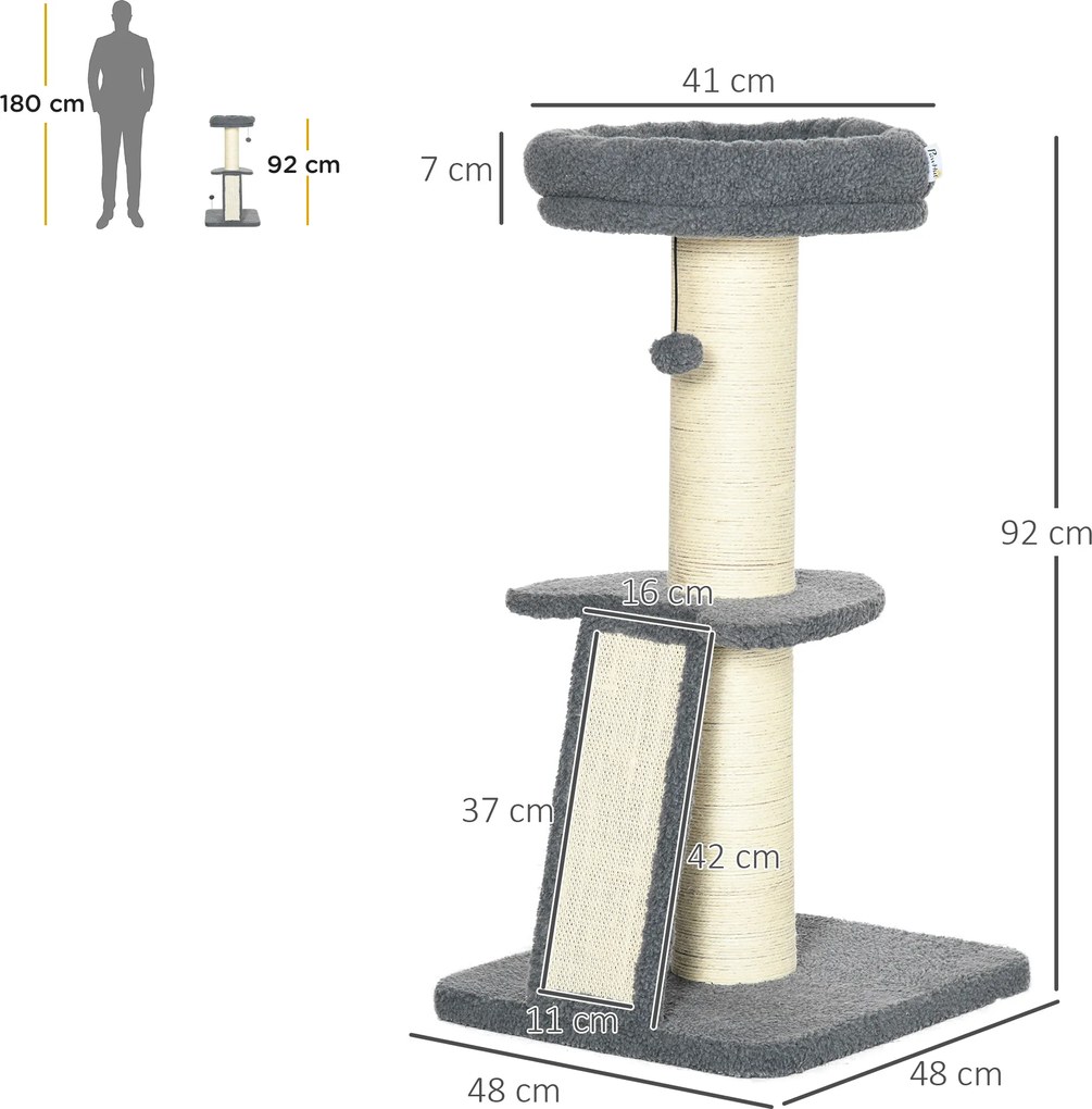 PawHut Drapak Platforma Zawieszona Piłka Sizal Ciemnoszary Cremowy Stabilny 48x48x92cm | Aosom PL