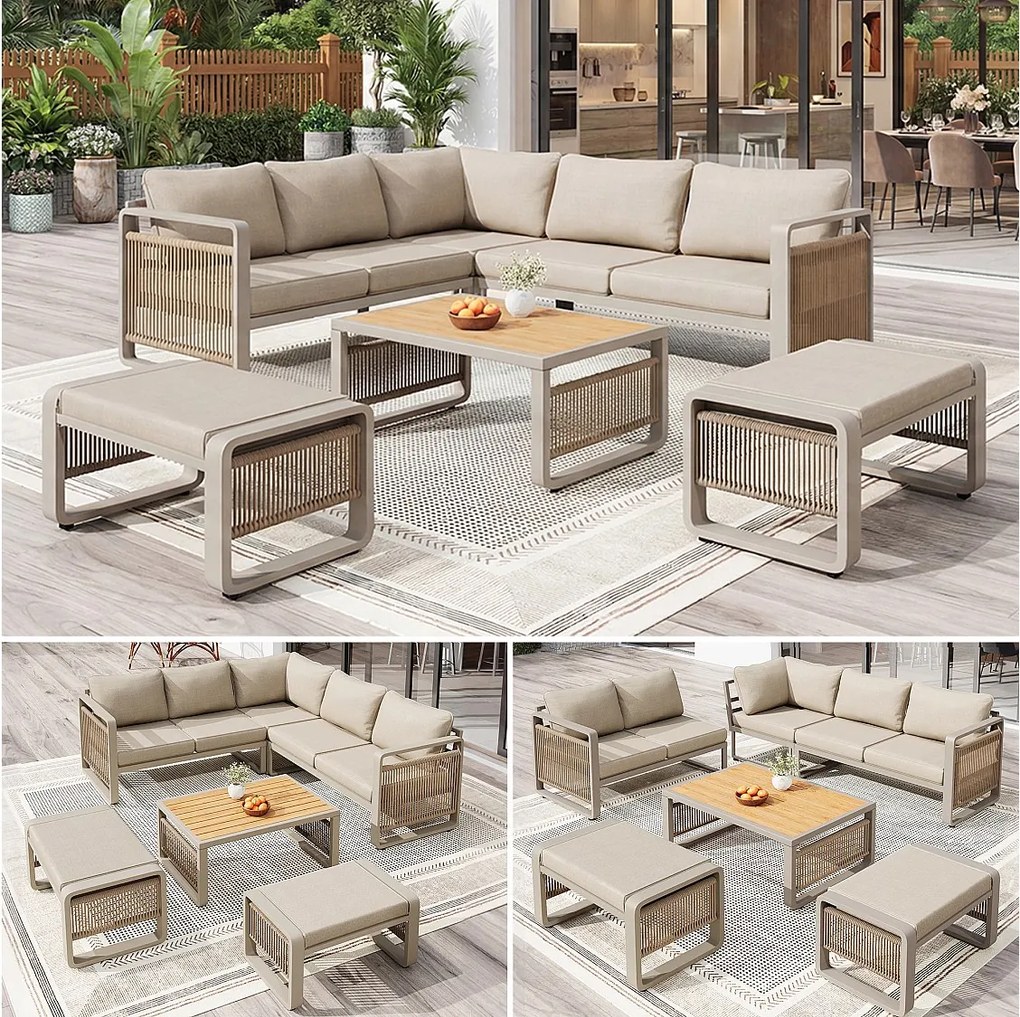 Zestaw mebli ogrodowych 6-7-osobowy - sofa + stół + 2 hokery + poduszki na siedzisko i oparcie - metal - beżowy