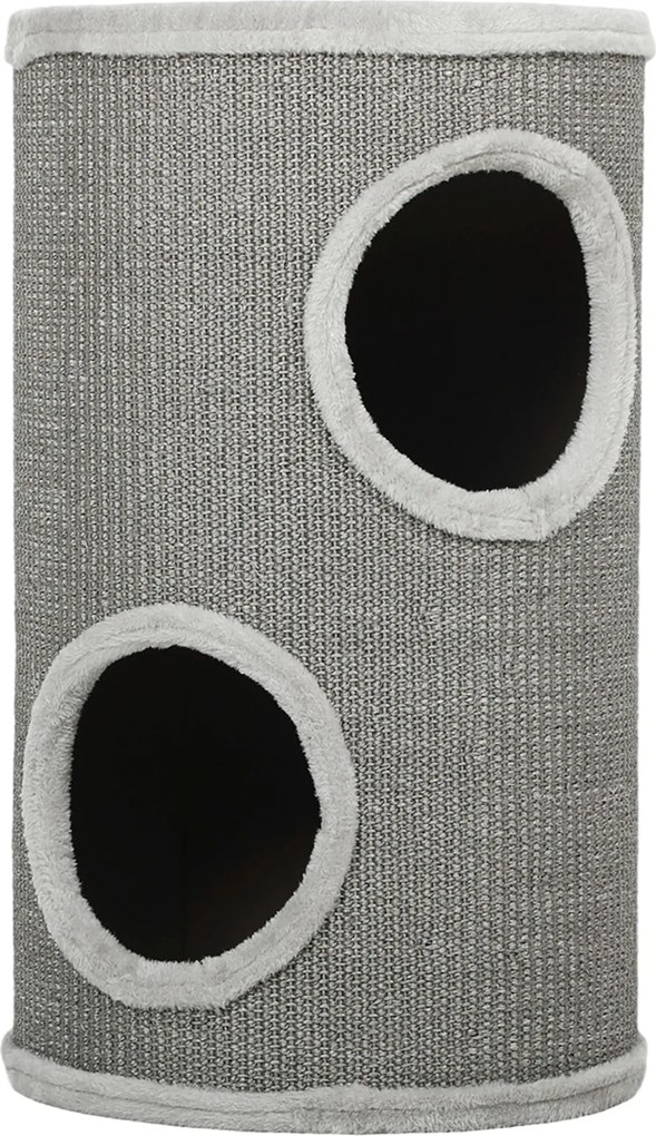 PawHut Tuba do drapania, 60 cm wysokości Ø 35 cm dwupiętrowa kocia tuba z 2 jaskiniami, pluszowy rant, dla 1-2 kotów do 5 kg, Jasnoszary | Aosom PL