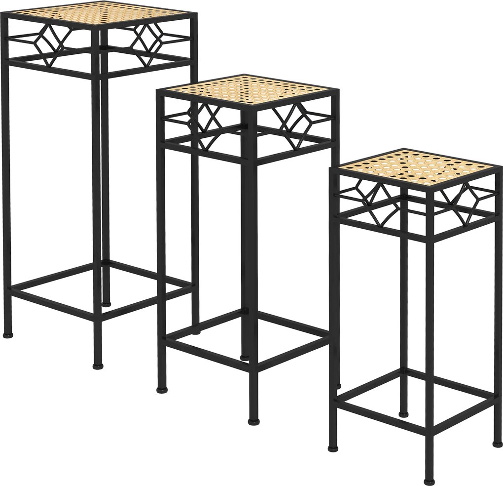 Outsunny Stojak na Rośliny, Zestaw 3 szt., okrągłe, składany, z efektem rattanu, metalowe nogi, do użytku wewnątrz i na zewnątrz, Czarno/Złoto