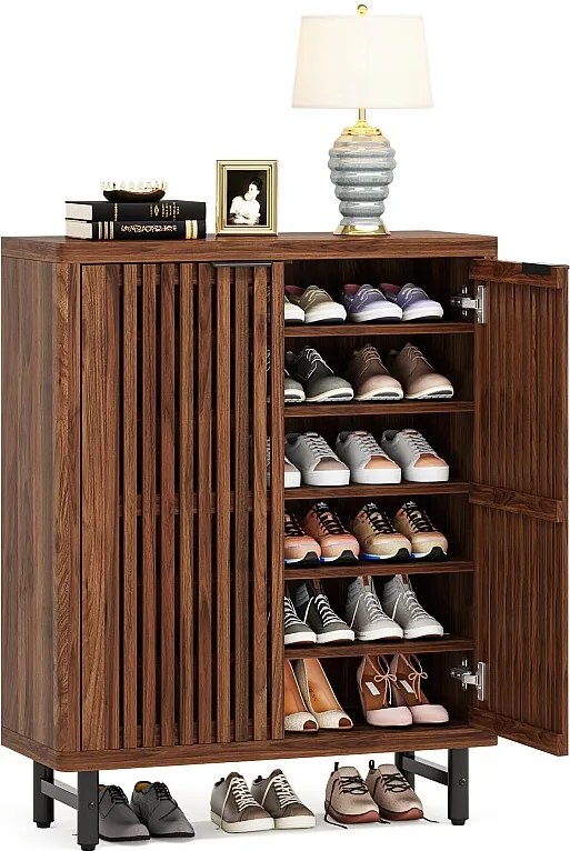 6-poziomowa szafka na buty w stylu farmhouse z drzwiami żaluzjowymi, organizer na buty z regulowanymi półkami, brązowa