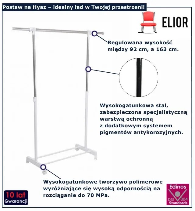 Biały regulowany wieszak na kółkach B5-T89