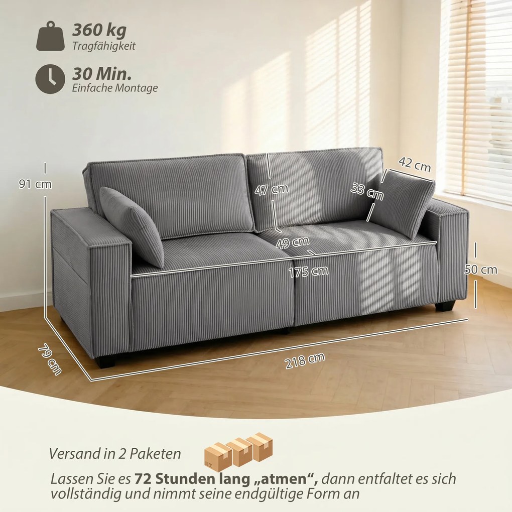 HOMCOM 218 cm 3-osobowa sofa, nowoczesna sofa w stylu sztruksowym z sprężynami kieszeniowymi, szerokimi podłokietnikami i 2 poduszkami, jasnoszara | Aosom PL
