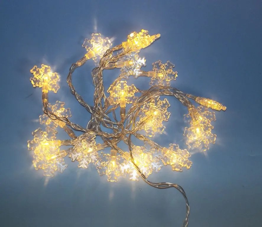 Świąteczny świetlny łańcuch - płatki śniegu, ciepła biel, 20