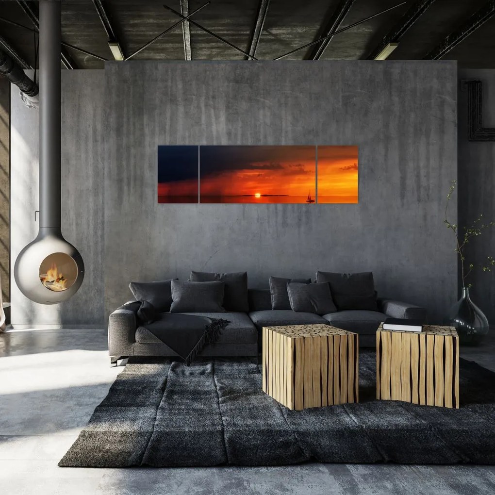 Obraz zachodu słońca z żaglówką (170x50 cm)
