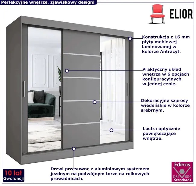 Przesuwna szafa antracytowa 200 cm - Ebia 6X