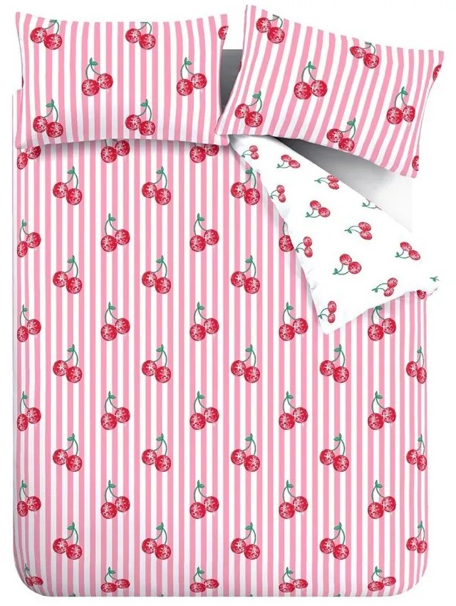 Biało-różowa pościel dwuosobowa 230x220 cm Disco Cherries Stripes – Catherine Lansfield