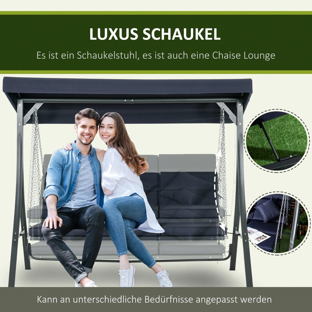 Outsunny Hollywoodzka Huśtawka Ogrodowa na 3 Osoby z Regulowanym Dachem Texteline Komfort i Styl Granatowy Czarny 198x118x168cm | Aosom PL