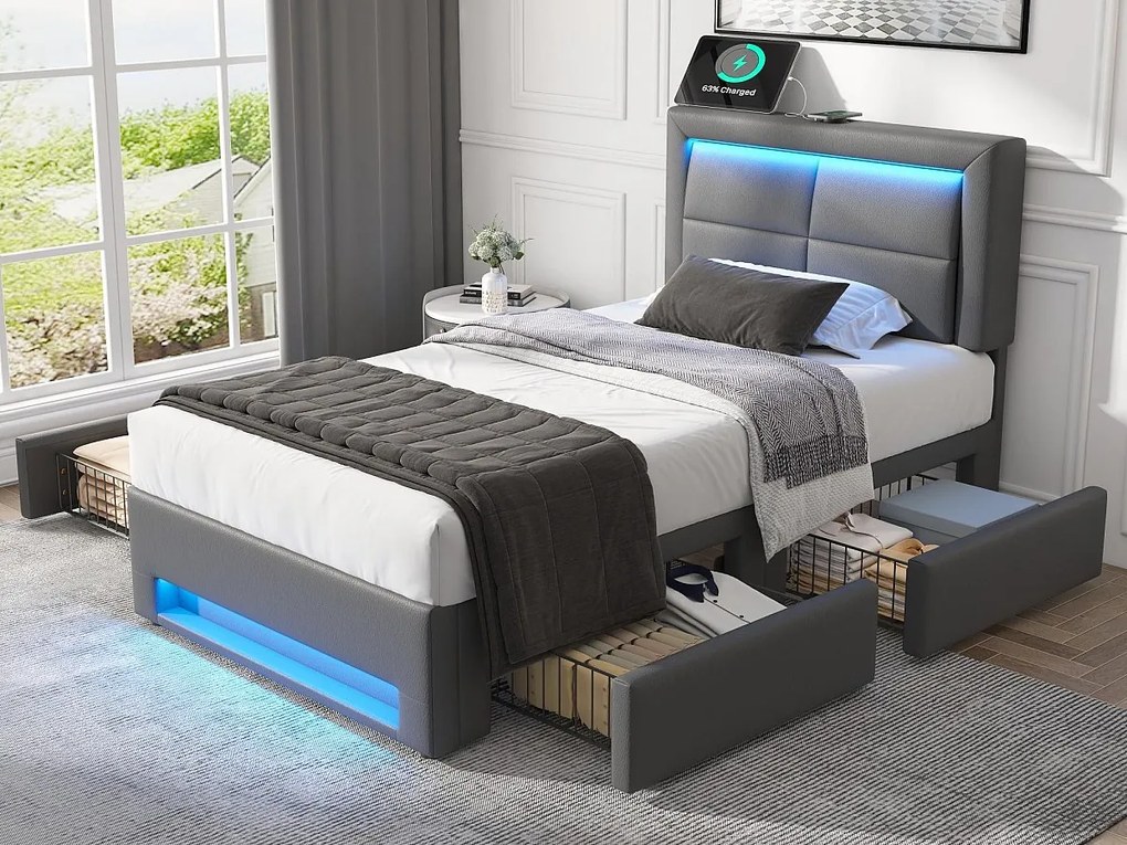 Łóżko z szufladami 90x190 cm z ekoskóry - z LED i portami ładowania (przewodowymi i bezprzewodowymi) - Szare