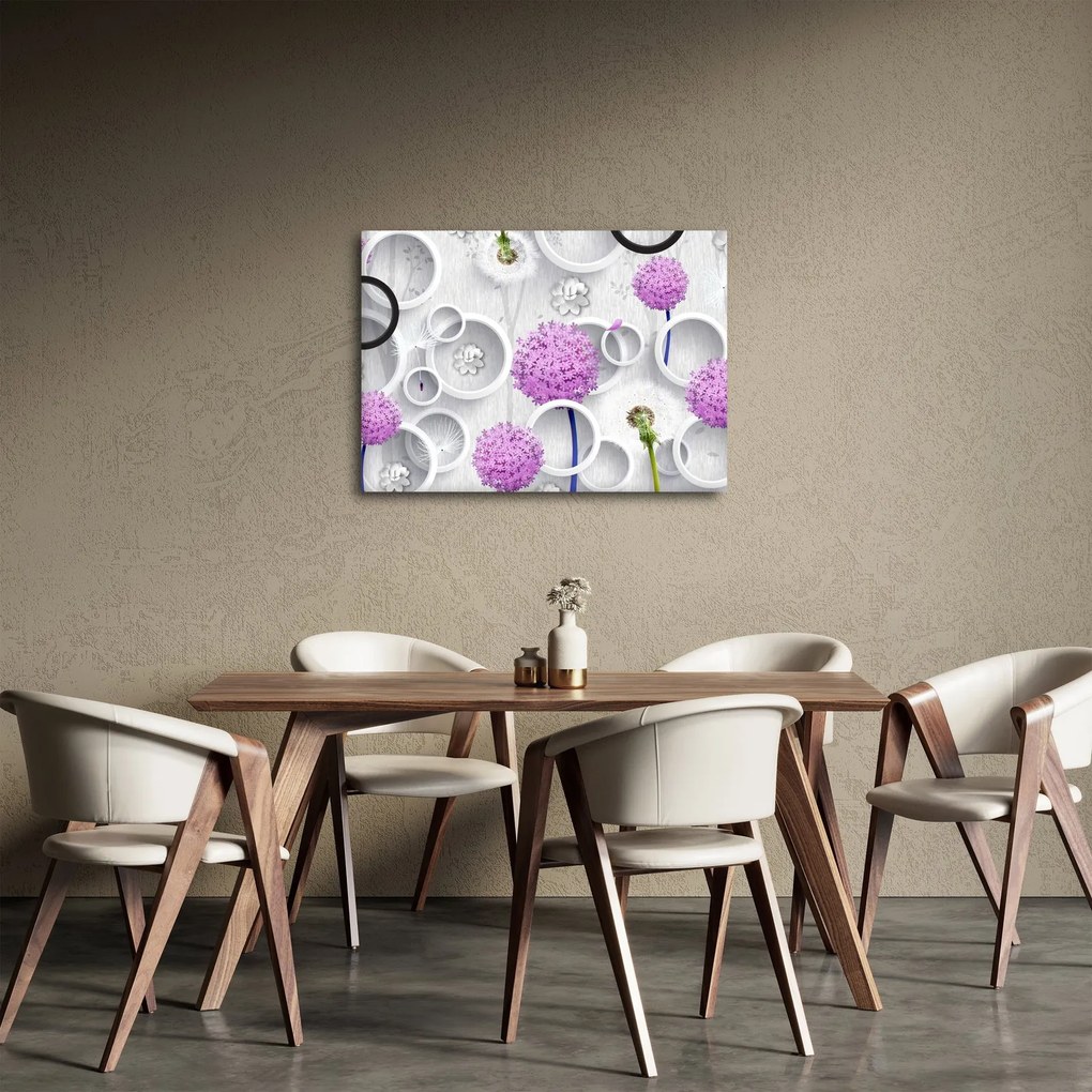Obraz abstrakcji 3D z kołami i kwiatami (70x50 cm)
