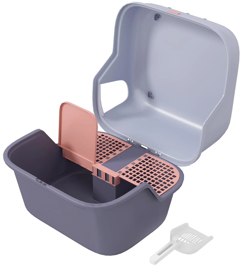 PawHut Kuweta dla kota z pokrywą i łopatką, łatwa w czyszczeniu, zamykana, Fioletowa