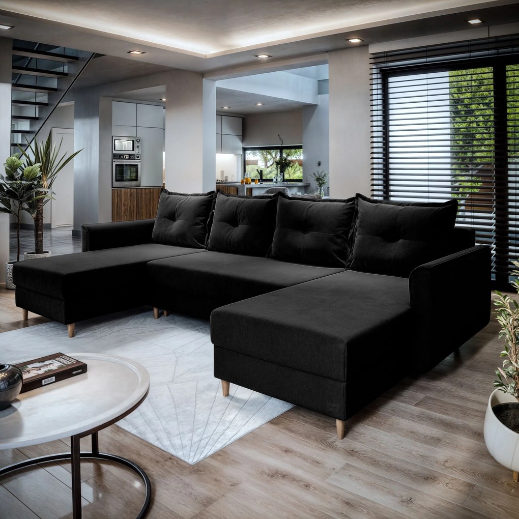 Masseno Narożnik VERNI z funkcją spania i pojemnikiem na pościel Narozniki U, Rozkładana sofa - Czarny, KRONOS 07
