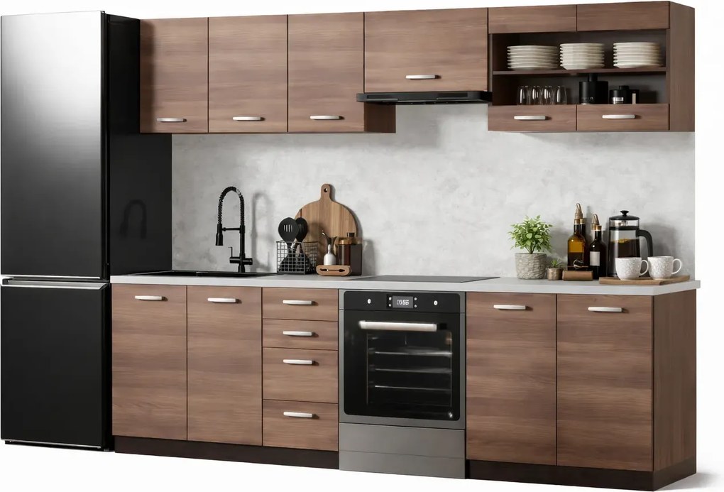 Komplet mebli kuchennych z blatem akacja cynamonowa biały połysk C4-K00