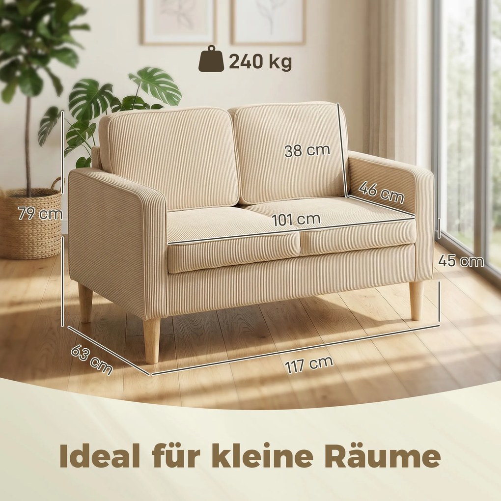 HOMCOM Sofa 2-osobowa z 2 poduszkami dekoracyjnymi, schowek nogi z litego drewna Mała nowoczesna dwuosobowa kanapa sztruks 117 x 63 x 79 cm Beżowy | Aosom PL