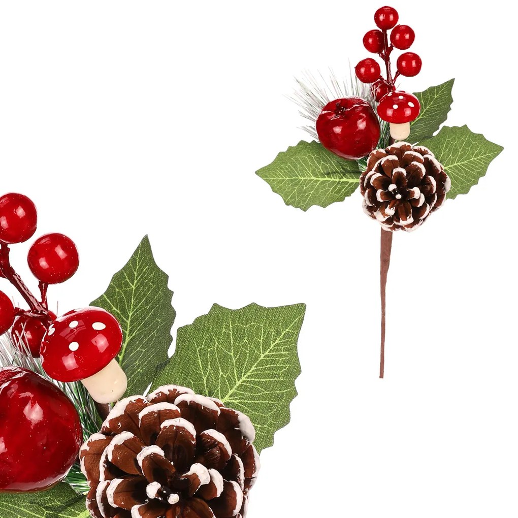Sztuczna gałązka z Czerwone owoce i szyszka, 22 cm