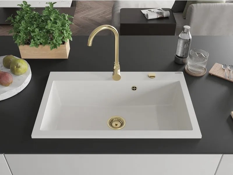Mexen Elix zlewozmywak granitowy 1-komorowy 800 x 500 mm, biały, syfon złoty - 6527801005-20-G
