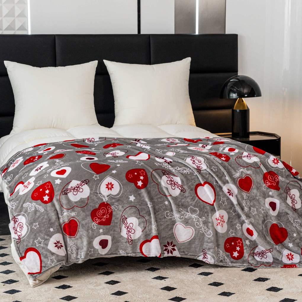 Świąteczny koc z mikropluszuy CHRISTMAS HEART szary Rozmiar: 200 x 220 cm