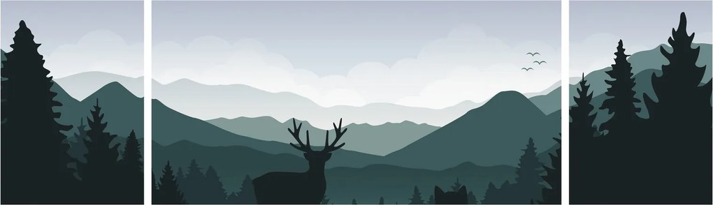 Obraz - Jeleń z wilkiem w skałach (170x50 cm)