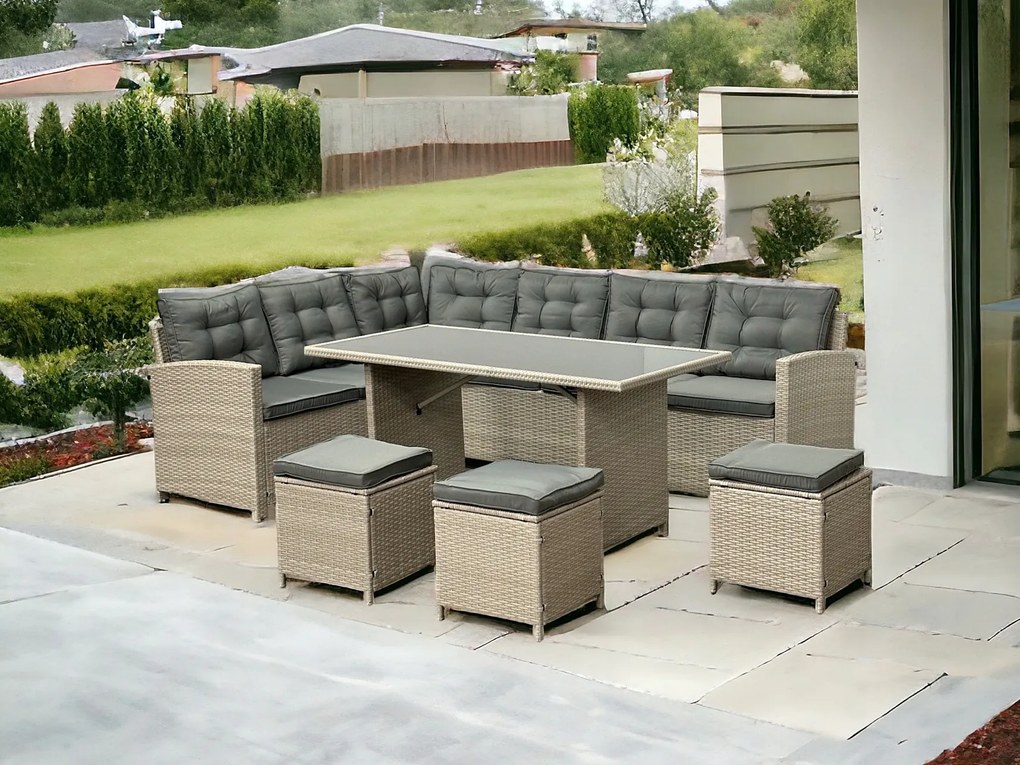 Narożnik ogrodowy ze stołem i pufami Mexico 019 jasny beż, poduszki szare