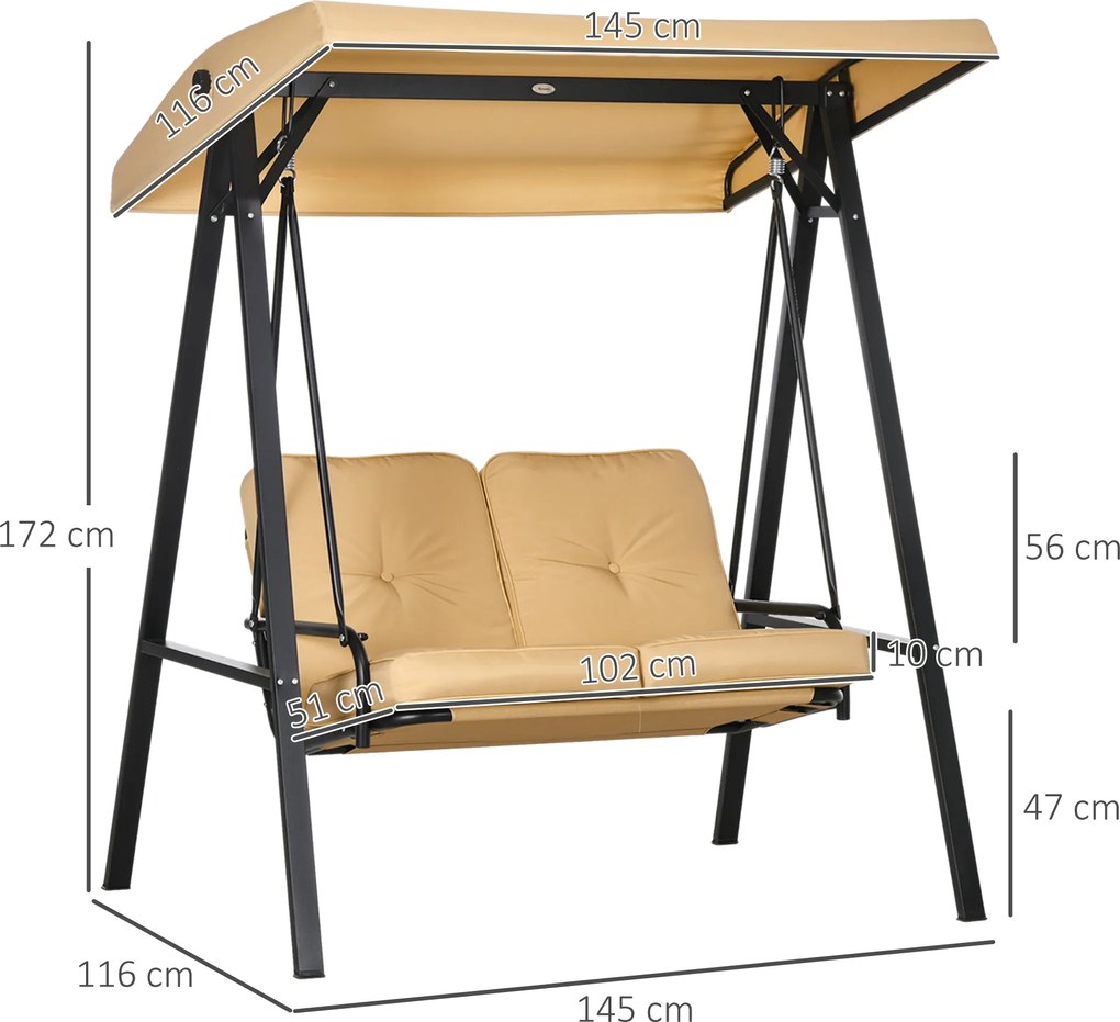 Outsunny Huśtawka Hollywood, 2-osobowa Huśtawka Ogrodowa z Regulowanym Dachem, do 220 kg, 138 x 106 x 174 cm, Beżowa