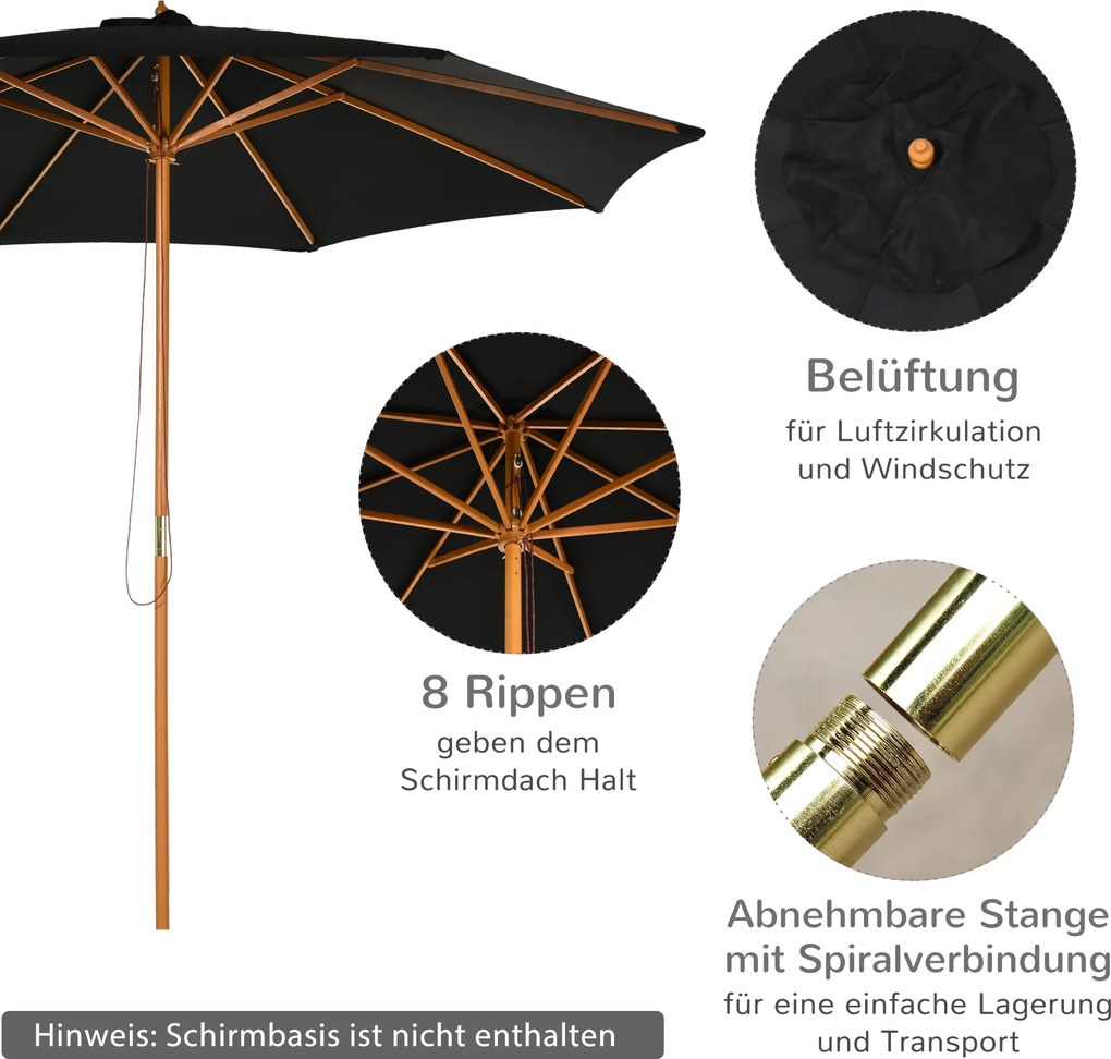 Outsunny Parasol Ogrodowy 3m Drewniany Wysokiej Jakości Bambusowy Czarny | Aosom PL