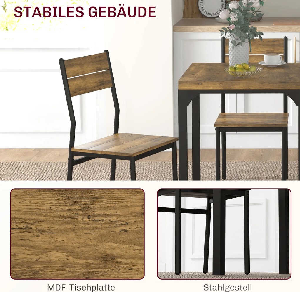 HOMCOM Zestaw Stołowy 3-częściowy, Stolik i 2 Krzesła, MDF+Metal, Brązowy
