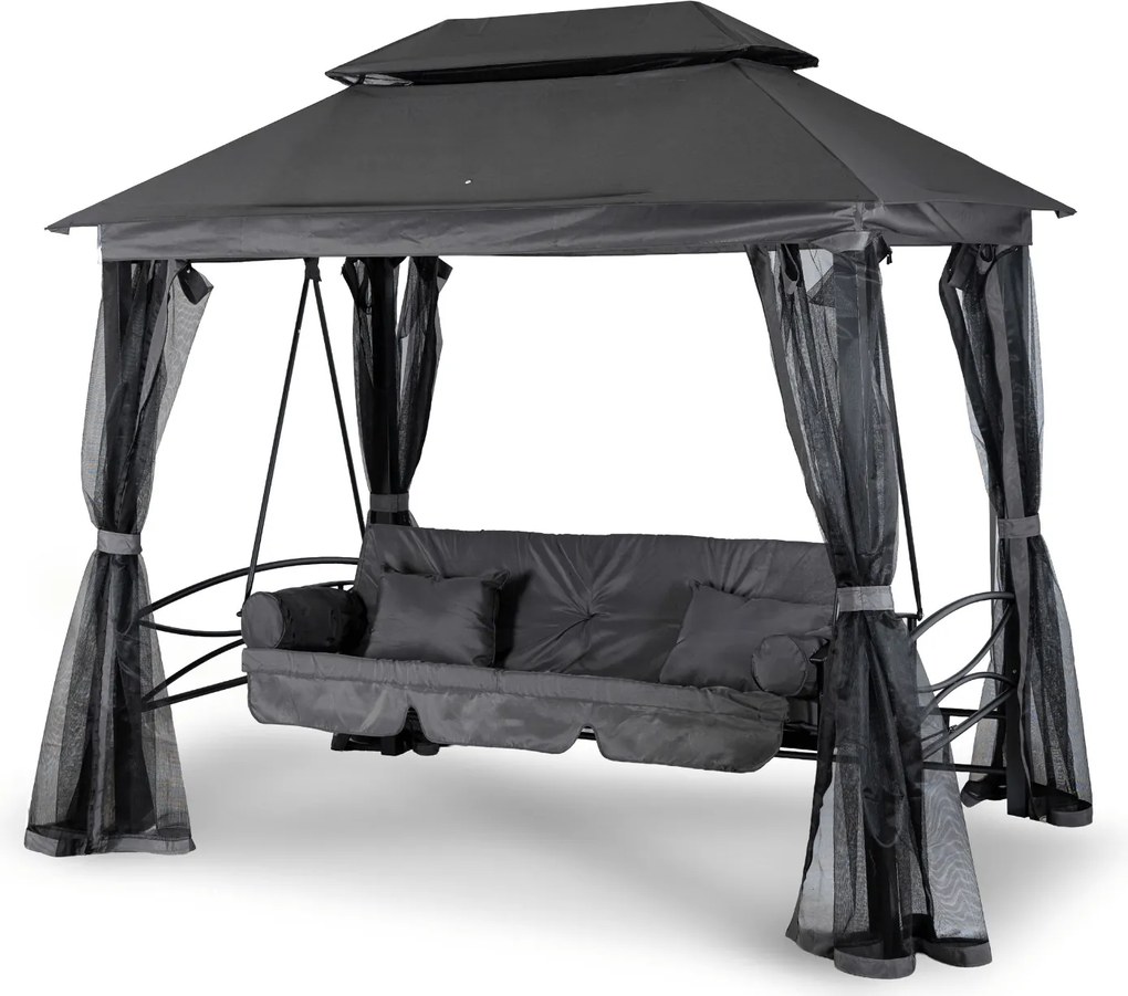 Huśtawka ogrodowa 2w1 z funkcją leżenia i moskitierą Luxe, szary/czarny