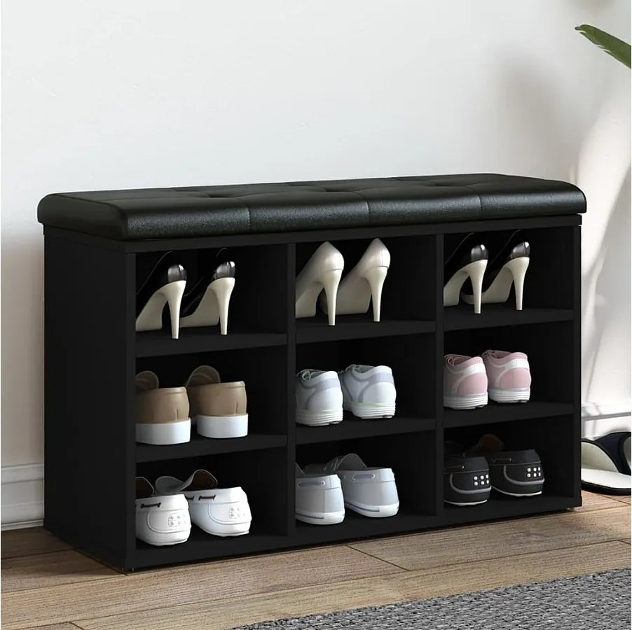 Czarna ławka na buty 82x32x50 cm z drewna inżynieryjnego z wygodną poduszką z ekoskóry i dużą przestrzenią do przechowywania