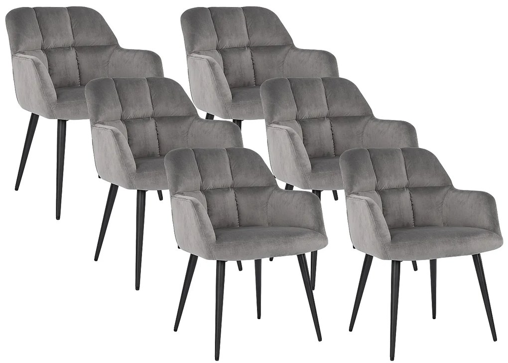 Zestaw 6 krzeseł PEGA – z podłokietnikami – welur i metal – kolor szary