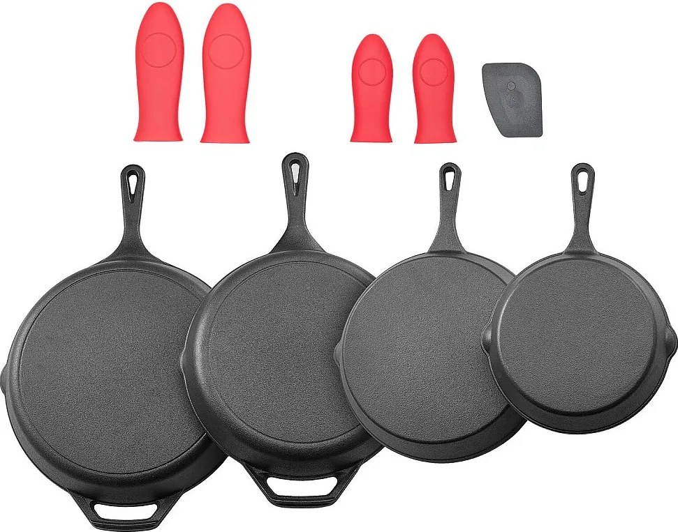 Patelnia Żeliwna SucceBuy, 4 Sztuki 15,5/20,5/26/30,5 Cm, Patelnia z Powłoką Nieprzywierającą z Uchwytem Silikonowym Odpornym na Wysoką Temperaturę, do Piekarnika