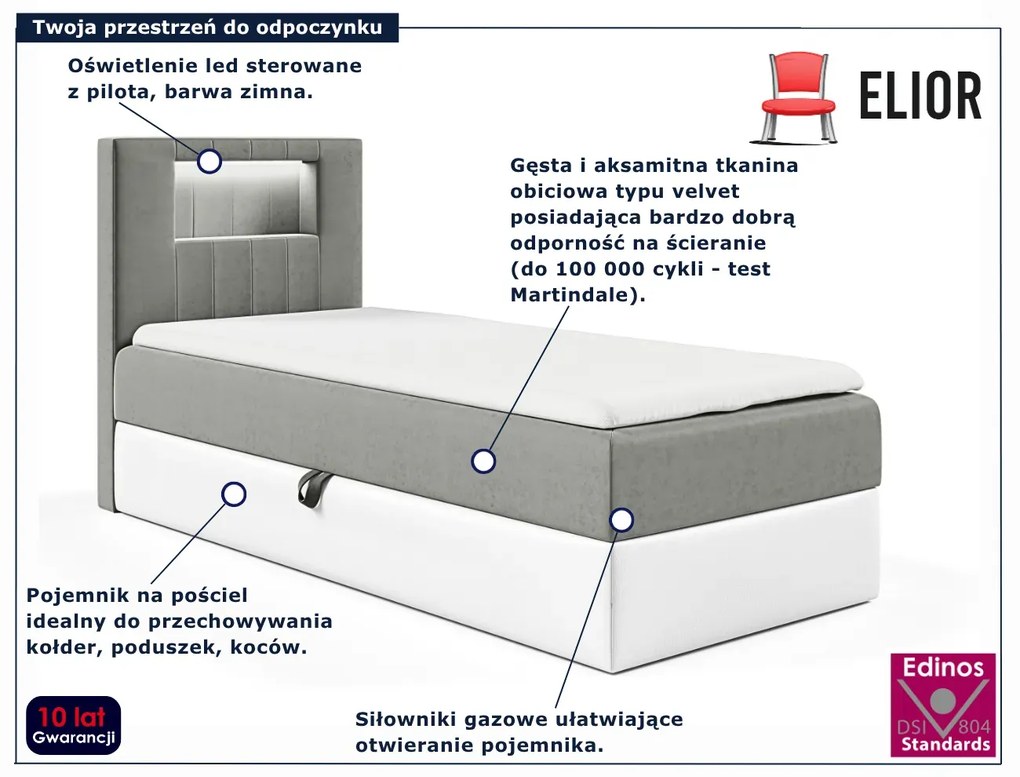 Szare łóżko pojedyncze z oświetleniem LED 3 rozmiary L7-W36
