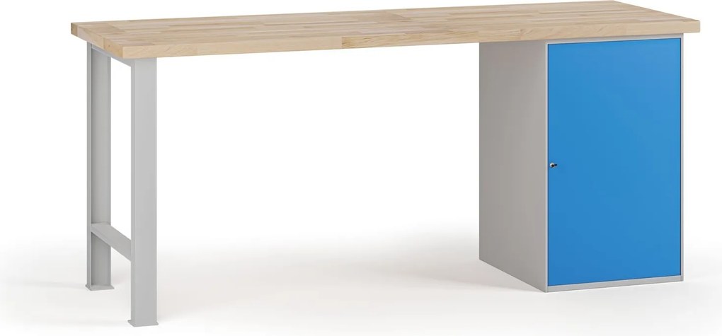 Stół warsztatowy G7, blat bukowy, 2000 x 800 x 840 mm, 1x szafka, niebieski