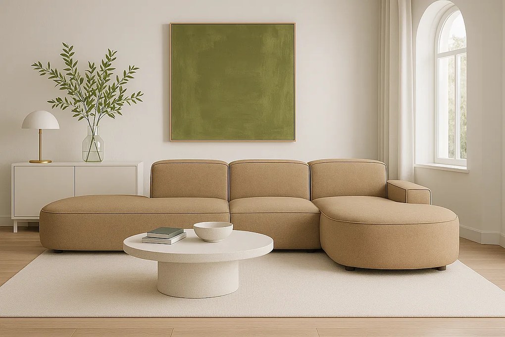 Narożnik modułowy CURSAL F prawostronny 364×166×70 cm jasno brązowy Raven 34 – zaokrąglone leżanki, wolnostojący