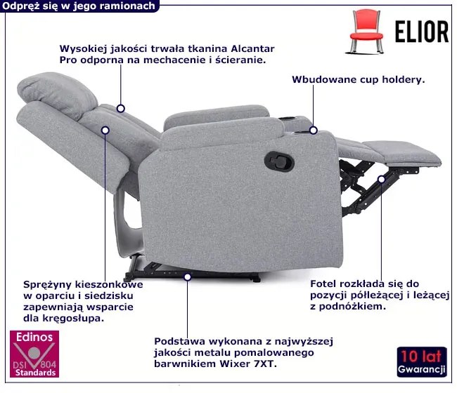 Jasnoszary fotel do salonu z cup holderem - Ixar 4X