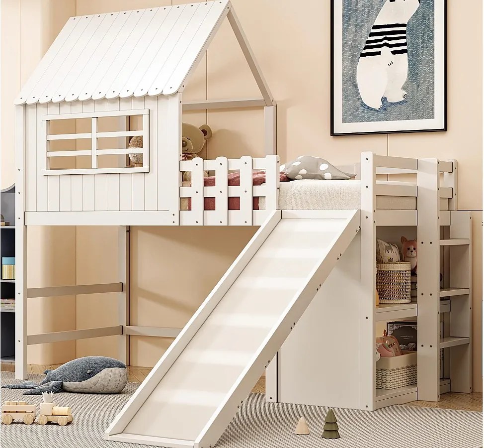 Łóżko dziecięce 90×200 cm - z drabiną bezpieczeństwa - ze zjeżdżalnią - ze schowkiem - białe (materac nie jest zawarty)