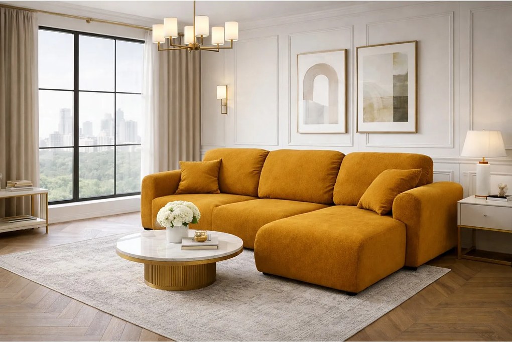 Narożnik w kształcie L z funkcją spania i pojemnikiem Bingo L, tkanina welurowa Salvador, Żółty, Prawy