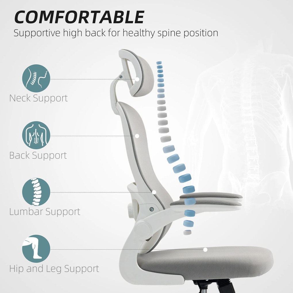 HOMCOM Ergonomiczny Fotel Biurkowy z Siatkowym Oparciem, Wysokość Regulowana, Składane Podłokietniki, 5 Kółek, Funkcja Bujania, Szary