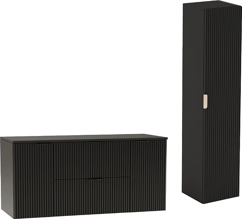 Czarny Zestaw Łazienkowy 120cm Szafka Blat Słupek Ryflowane Fronty