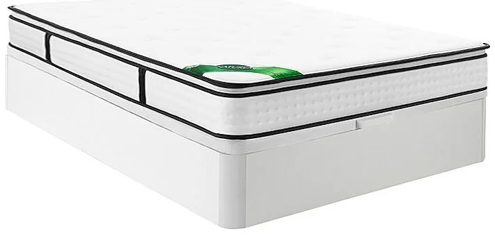 Zestaw 140 x 190 cm: stelaż skrzyniowy w białym kolorze + materac z 7-strefowymi sprężynami kieszeniowymi, wbudowanym topperem i pokrowcem bambusowym o grubości 26 cm – MIREZA od NATUREA