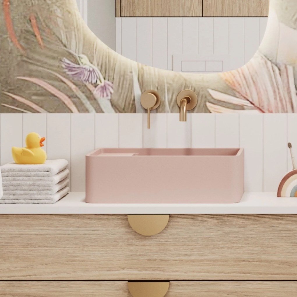 Umywalka z kamienia syntetycznego nablatowa / wisząca prostokątna różowa 43 cm x 25 cm EVELIA Pink : Otwór na baterię - Nie, Typ montażu - nablatowa