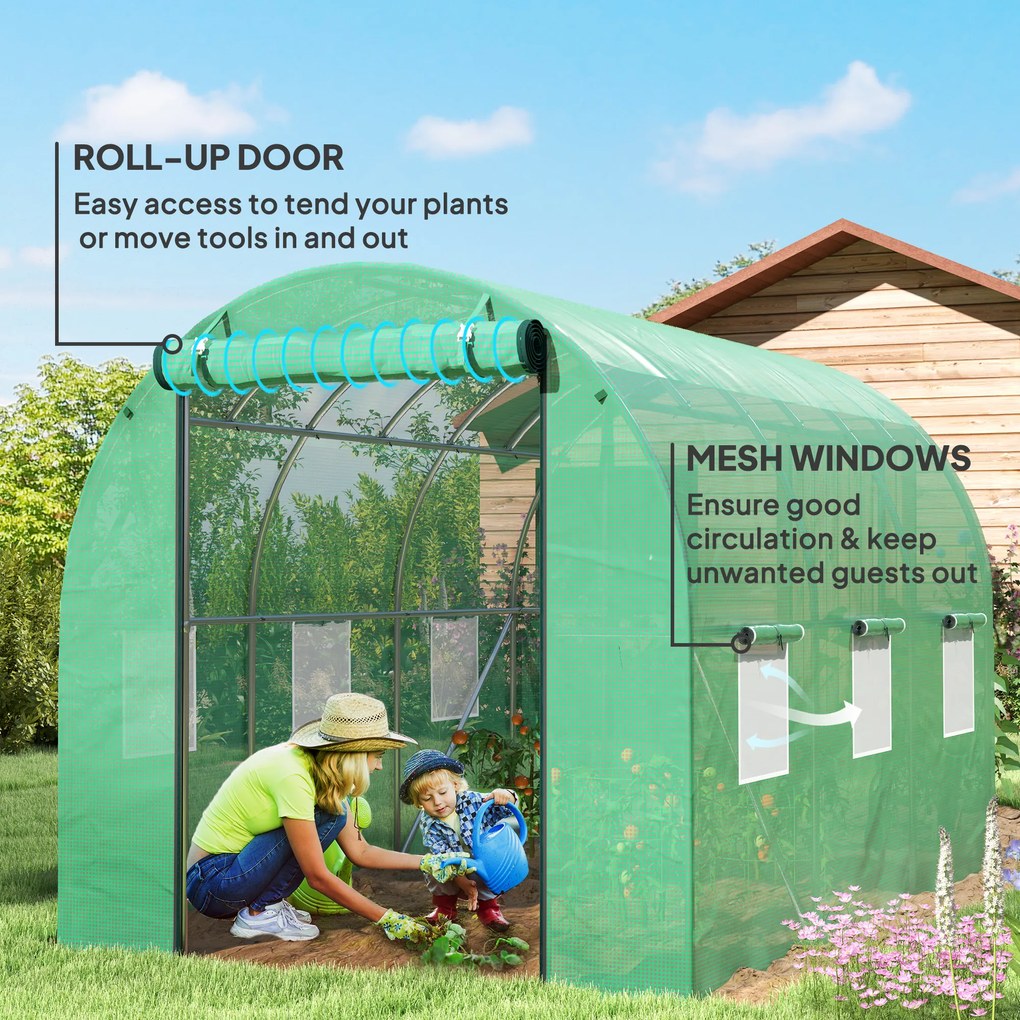 Outsunny Tunel foliowy z pokryciem z tworzywa sztucznego i stalową ramą, chodnikowa szklarnia z drzwiami rolowanymi, Zielony