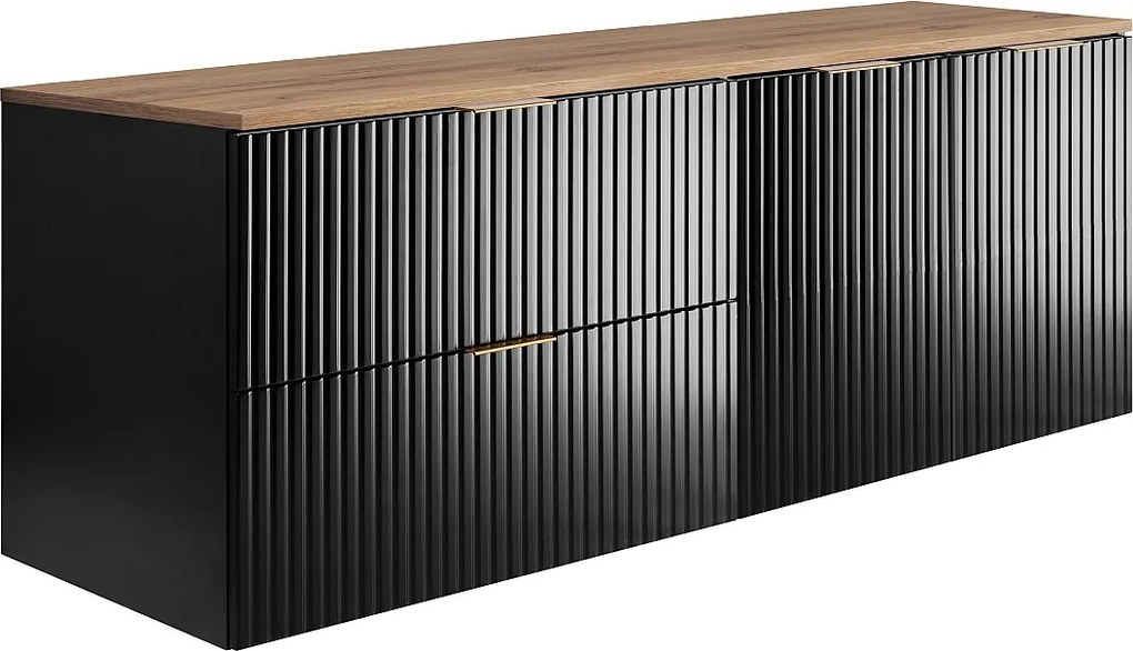 Zestaw łazienkowy: szafka z szufladami i szafka z drzwiami 57×46×160 cm, kolor: czarny / blat Dąb Craft, uchwyt złoty